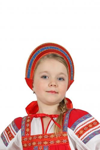 Красный кокошник с синей тесьмой - купить 
